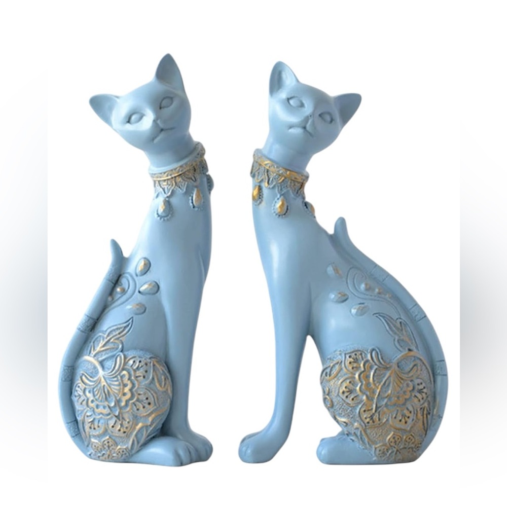 QIANLING 1Pc Resin Light Blue Cat Statue